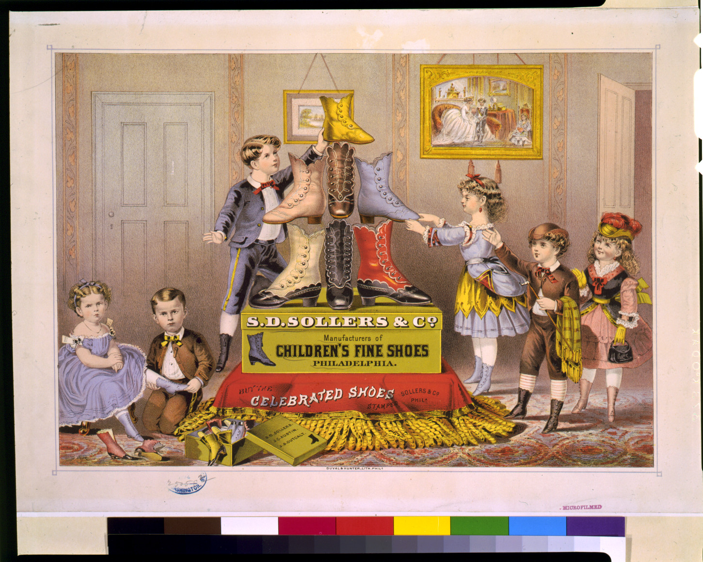 S.D. Sollers & Co. manufacturers of children's fine shoes, Philadelphia / E.C., Phila. : Duval & Hunter, 1874. — antique lithograph