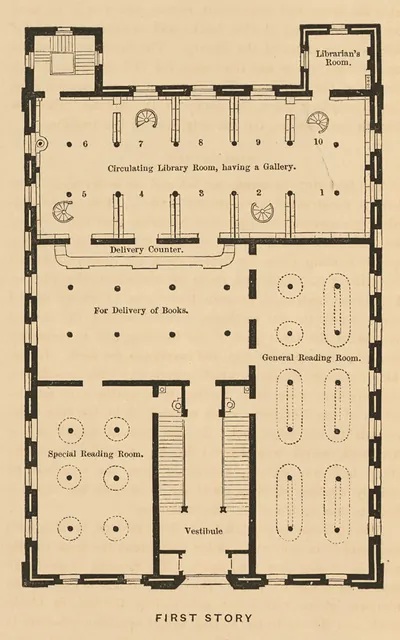 First story floor plan of a library with reading rooms
