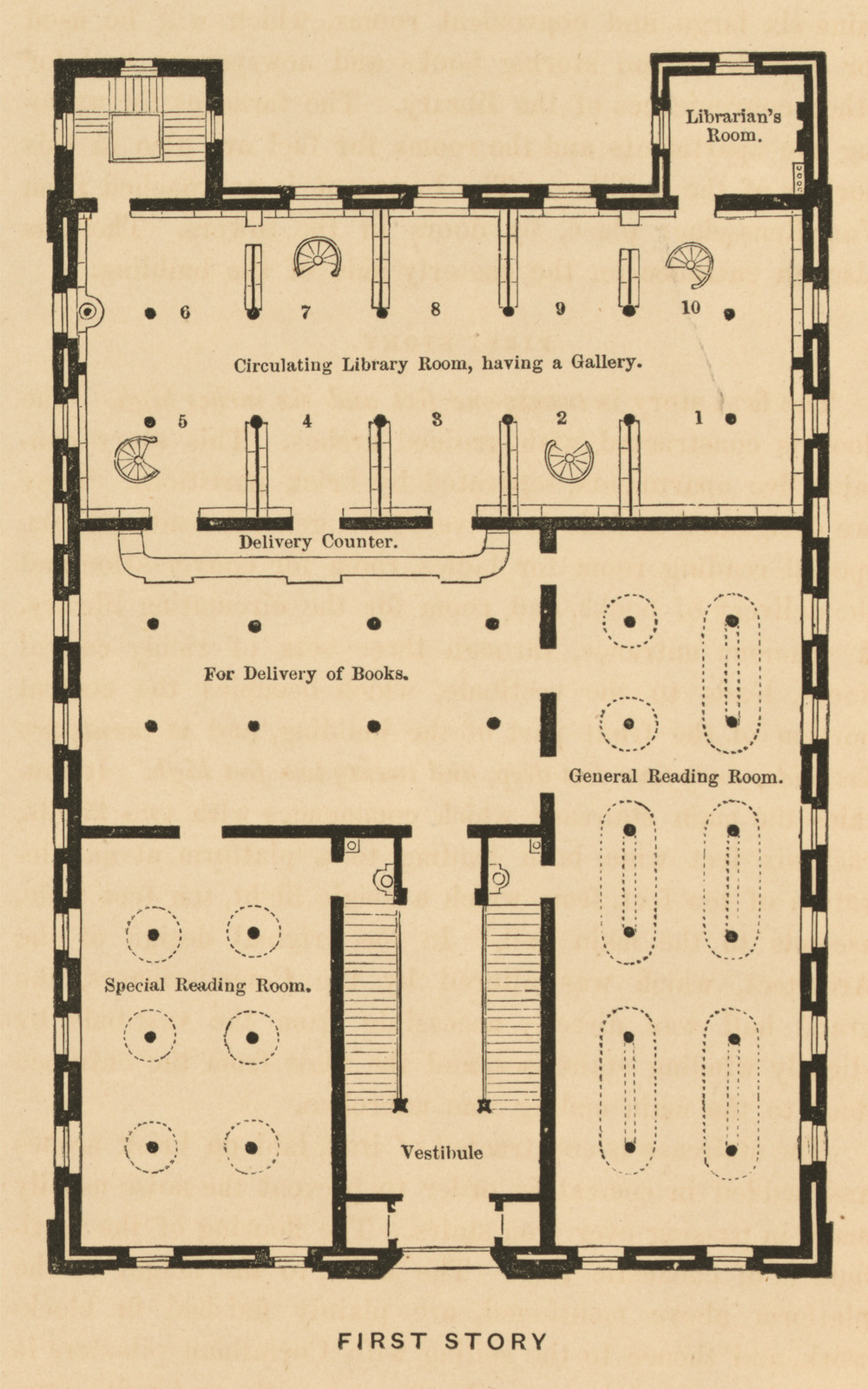 First story floor plan of a library with reading rooms — historic image