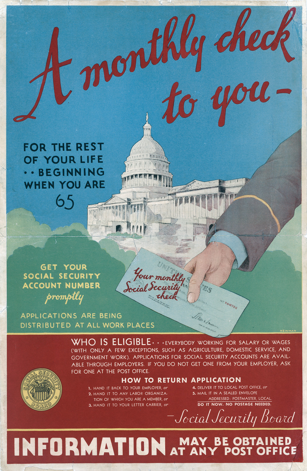 A Monthly Check to You for the Rest of Your Life, Beginning when you are 65, 1935 — vintage poster