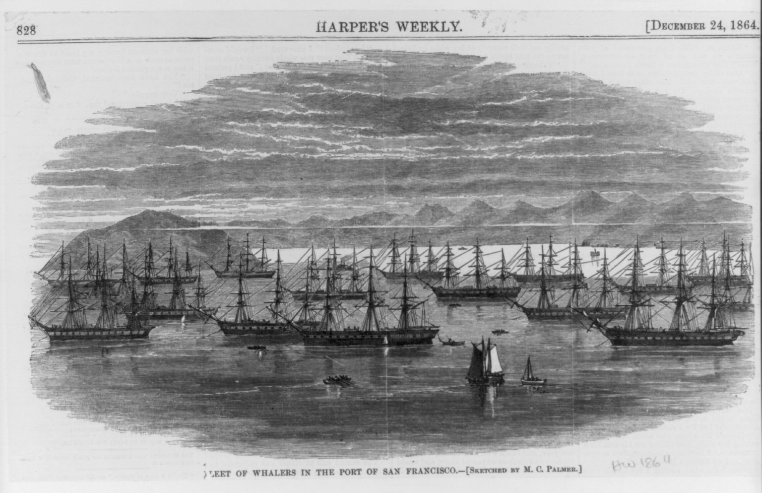 Fleet of whalers in the port of San Francisco, 1864 — antique engraving