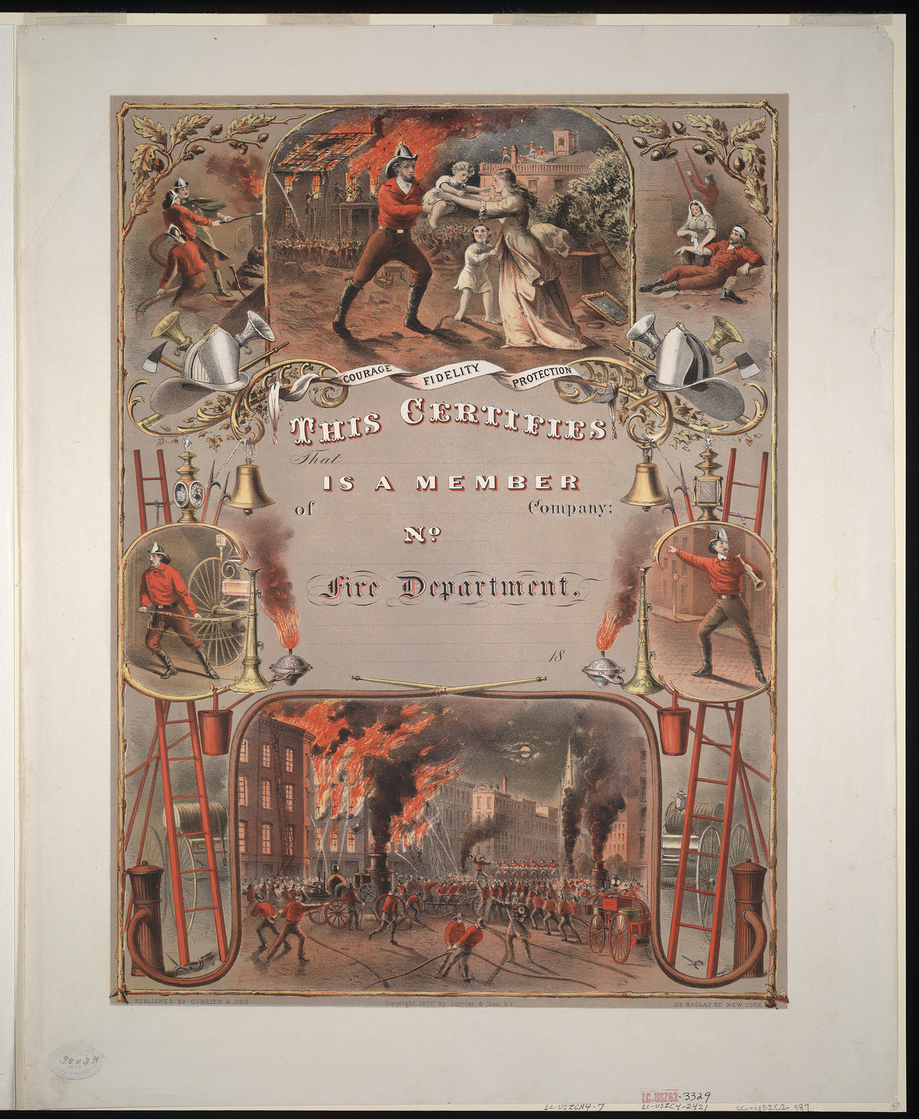 This certifies that _____ is a member of____ company. no.___ Fire department., New York : Published by Currier & Ives, c1889. — antique lithograph
