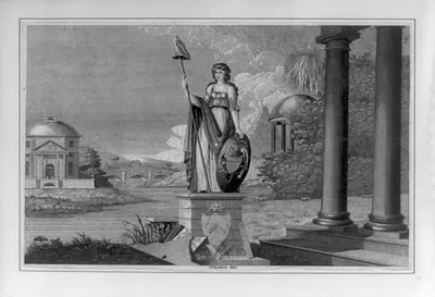 [Allegorical scene showing female figure on pedestal, holding staff with liberty cap and shield]