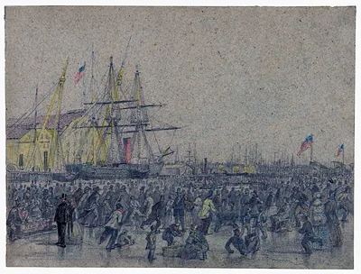 Crowded waterfront with sailing ships and American flags