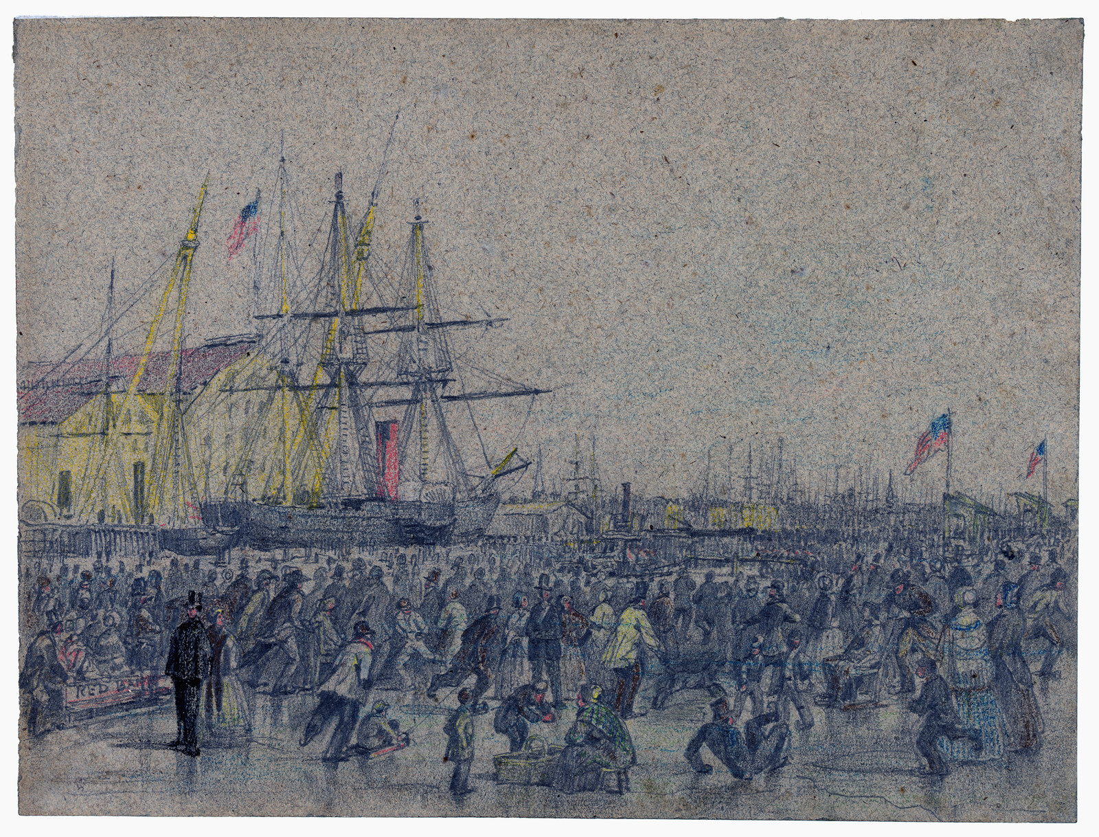 Crowded waterfront with sailing ships and American flags — historic image