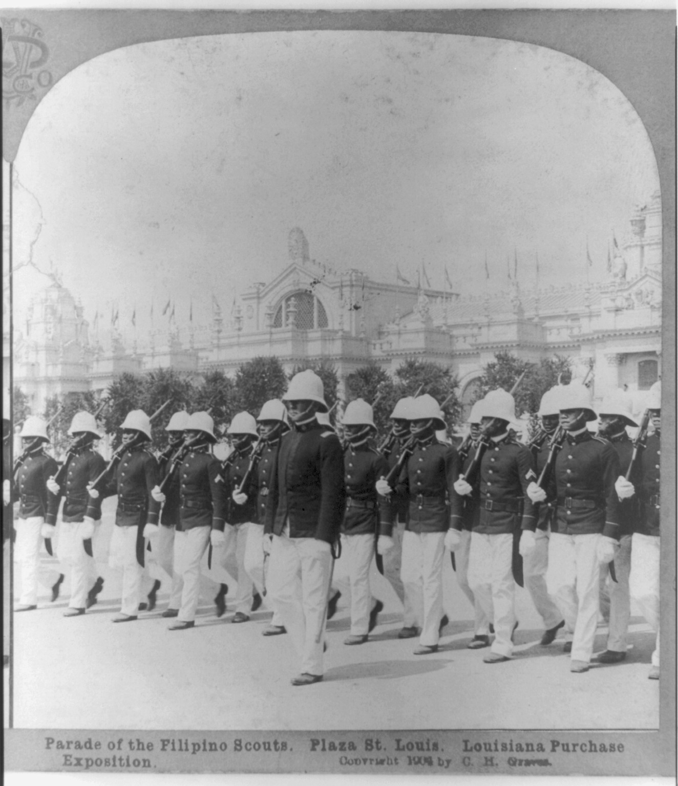 Parade of the Filipino Scouts. Plaza St. Louis. Louisiana Purchase Exposition, c1904. — historic photograph