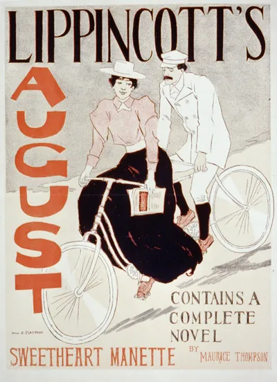 Lippincott's August poster: man and woman on bicycles