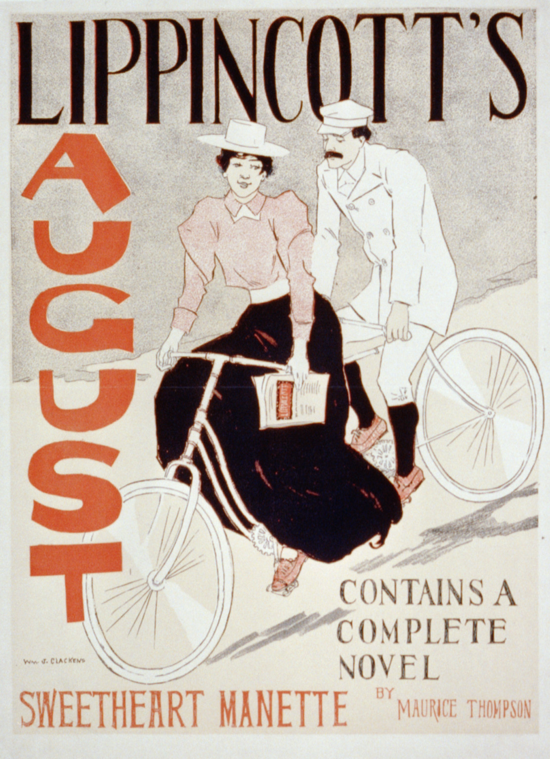 Lippincott's August poster: man and woman on bicycles — vintage poster