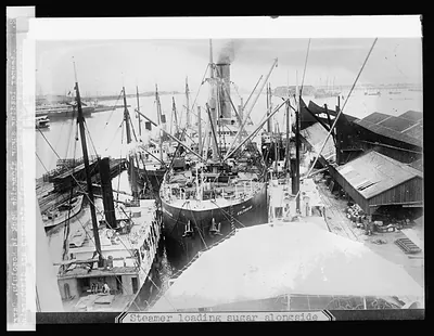 Steamer loading sugar alongside dock in Honolulu, [Hawaiian Islands]; cargo capacity 12,