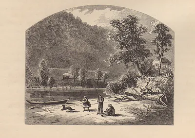 Anglers and a rowboat on a riverbank below a wooded mountain