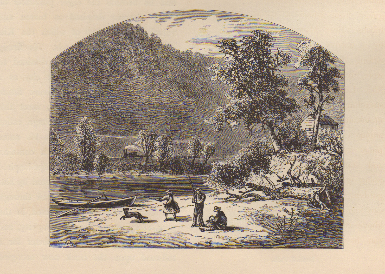Anglers and a rowboat on a riverbank below a wooded mountain — historic image