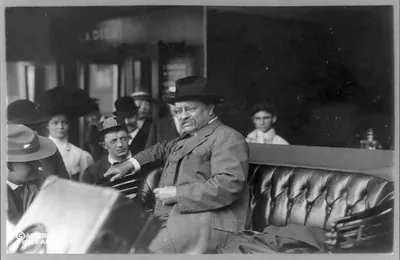 [Theodore Roosevelt, three-quarter length portrait, facing left, seated in car or carriage]