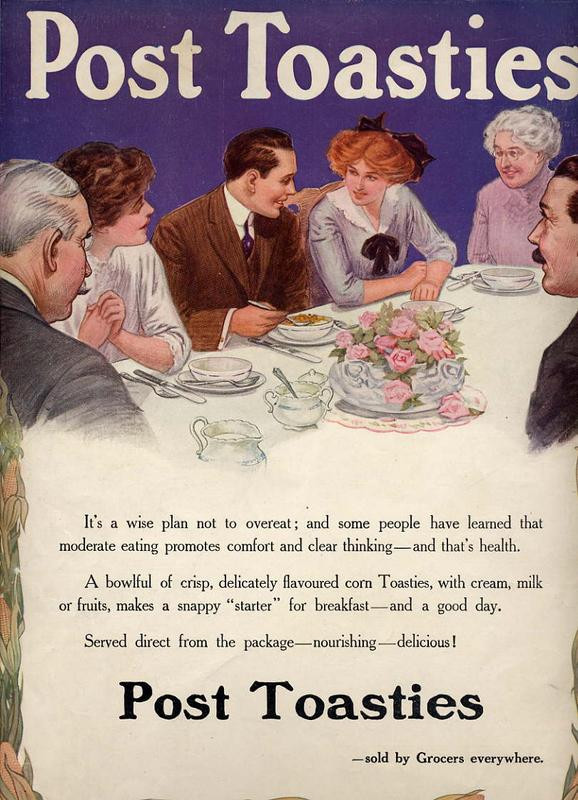 Post Toasties vintage advertisement with dinner party scene — historic image