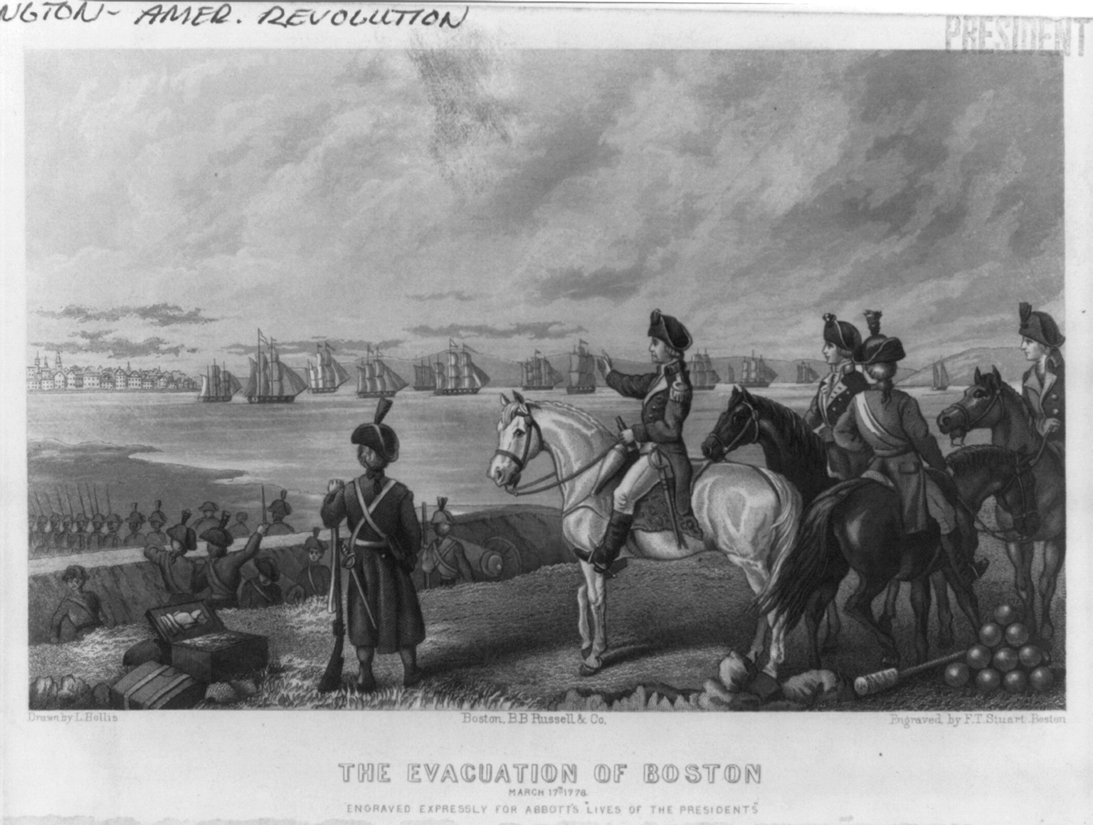 The Evacuation of Boston, March 17, 1776, [no date recorded on caption card] — antique engraving