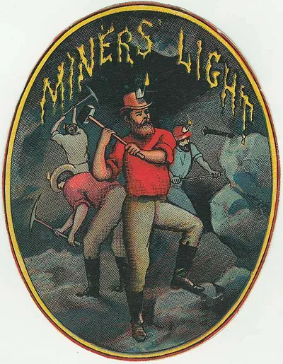 Miners' Light oval label with three miners and picks