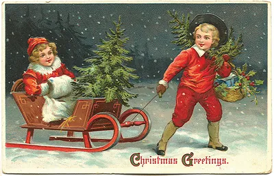 Vintage Christmas Greetings postcard with children, sled and tree