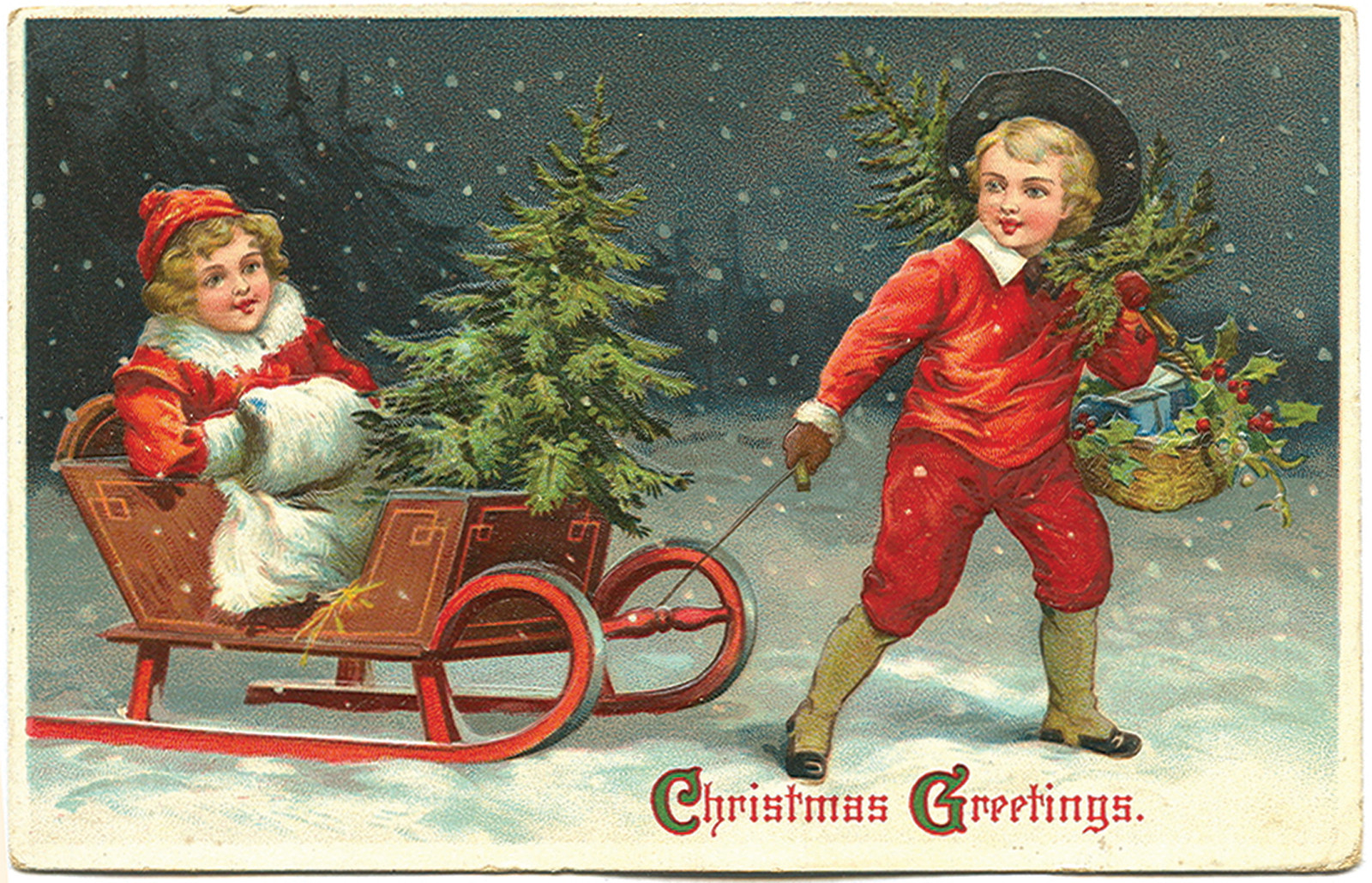 Vintage Christmas Greetings postcard with children, sled and tree — vintage postcard