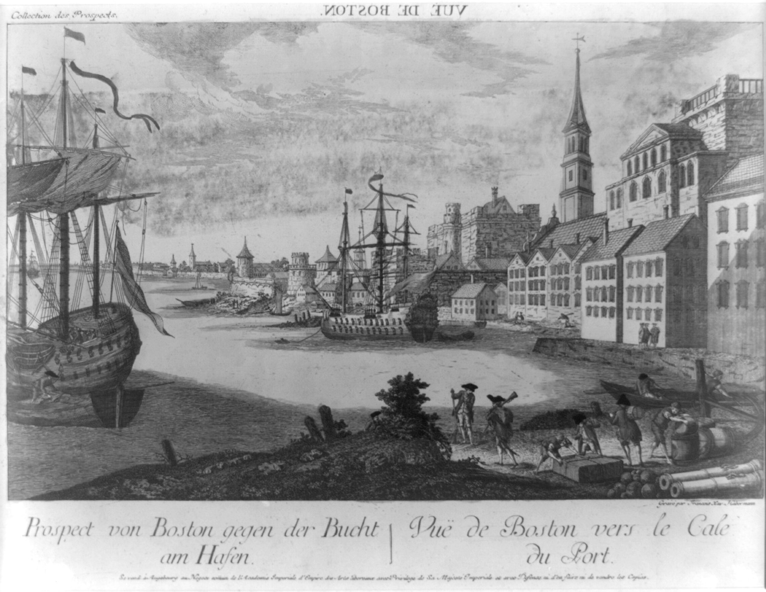 Vuë de Boston. Prospect von Boston gegen der Bucht am Hasen Vuë de Boston vers le Cale du Port / gravé par Francois Xav. Habermann. — historic print