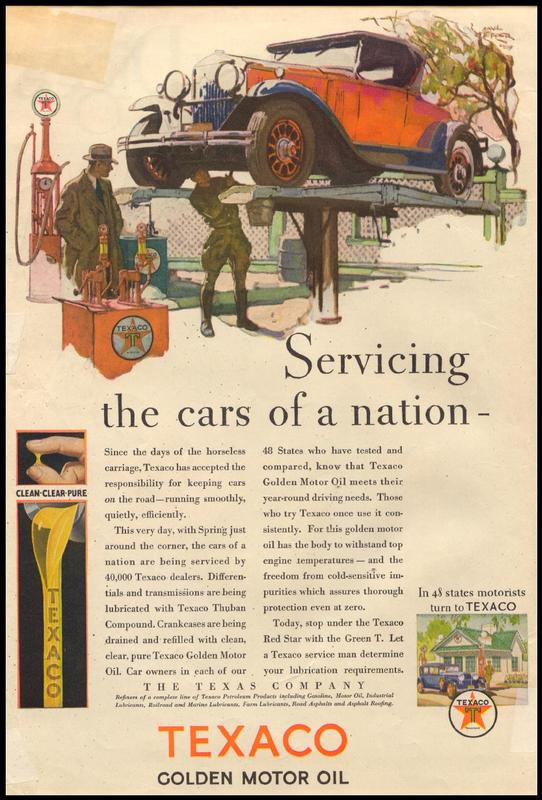 Texaco Golden Motor Oil advertisement: Servicing the cars of a nation — historic image