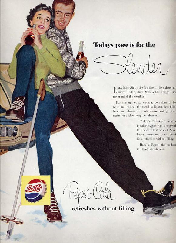 Pepsi-Cola magazine advertisement: Today's pace is for the Slender — historic image
