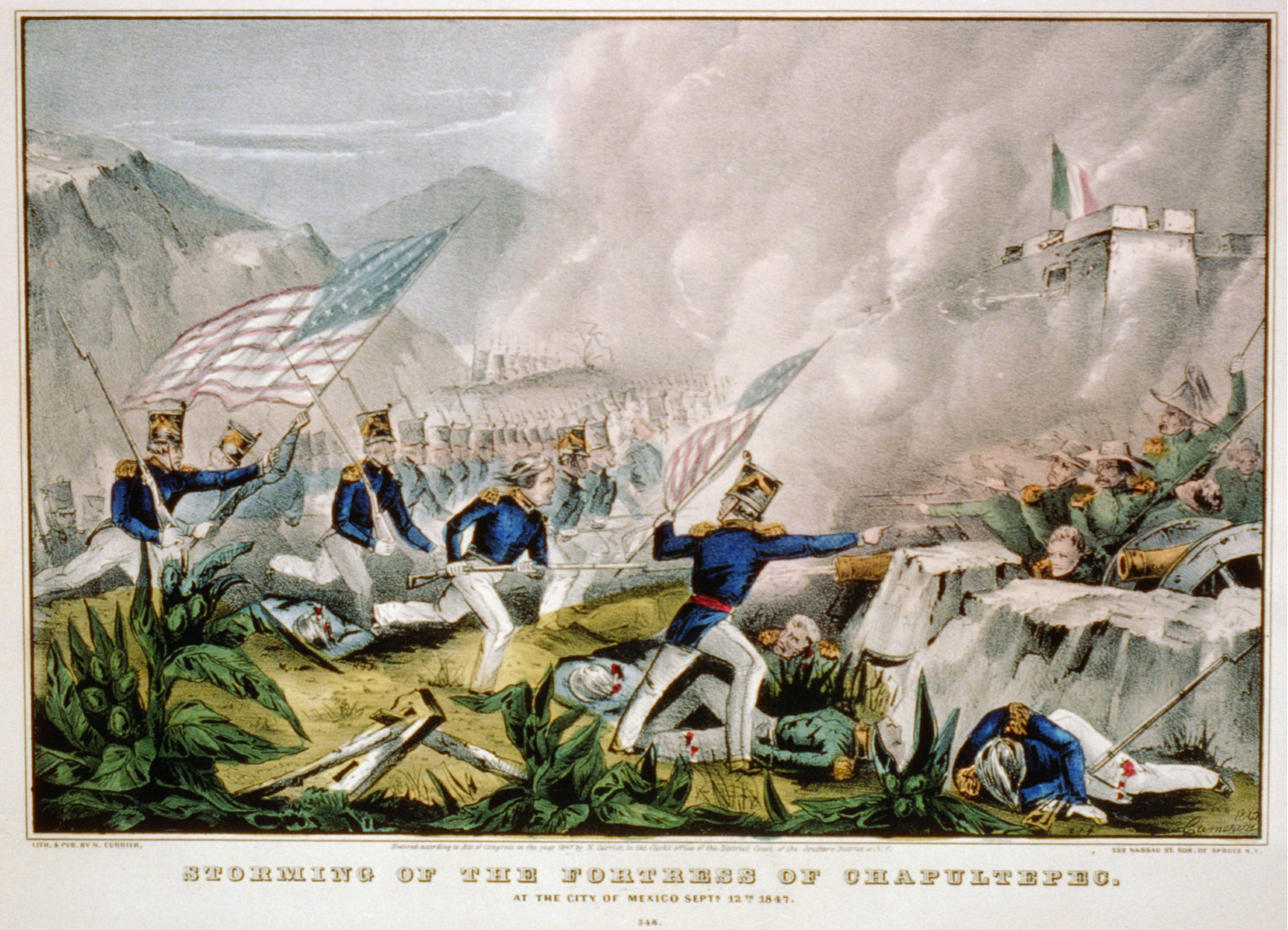 Storming of the Fortress of Chapultepec: at the city of Mexico Sept. 12th 1847, New York : Published by N. Currier, c1847. — antique lithograph