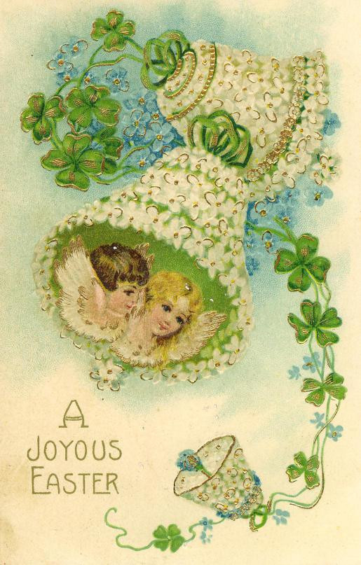 A Joyous Easter postcard with angels and shamrocks — vintage postcard