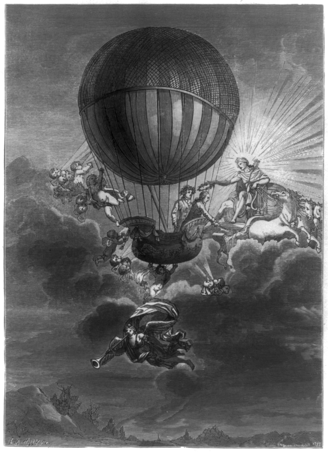 [French balloonist Jacques Alexandre César Charles receiving a wreath from Apollo, while cherubs and an angel surround his balloon] / E.A. Tilly, sc. ; Nageon[?], inv. & del. 1788., [S.l. : s.n.], 1788. — antique engraving
