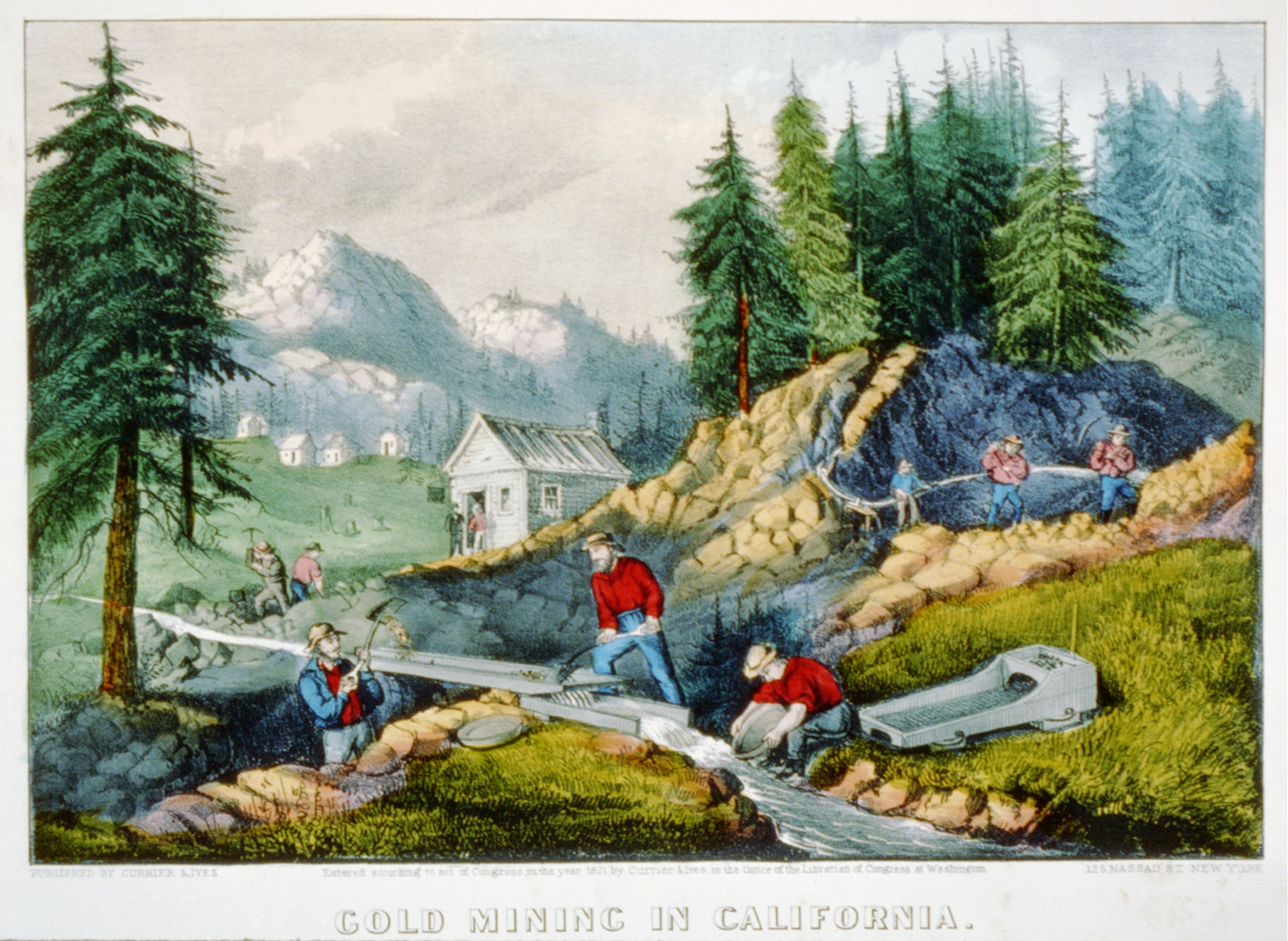 Gold mining in California, New York : Published by Currier & Ives, c1871. — antique lithograph