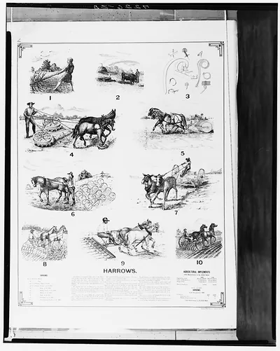 Engraved plate titled Harrows with numbered farm implement illustrations