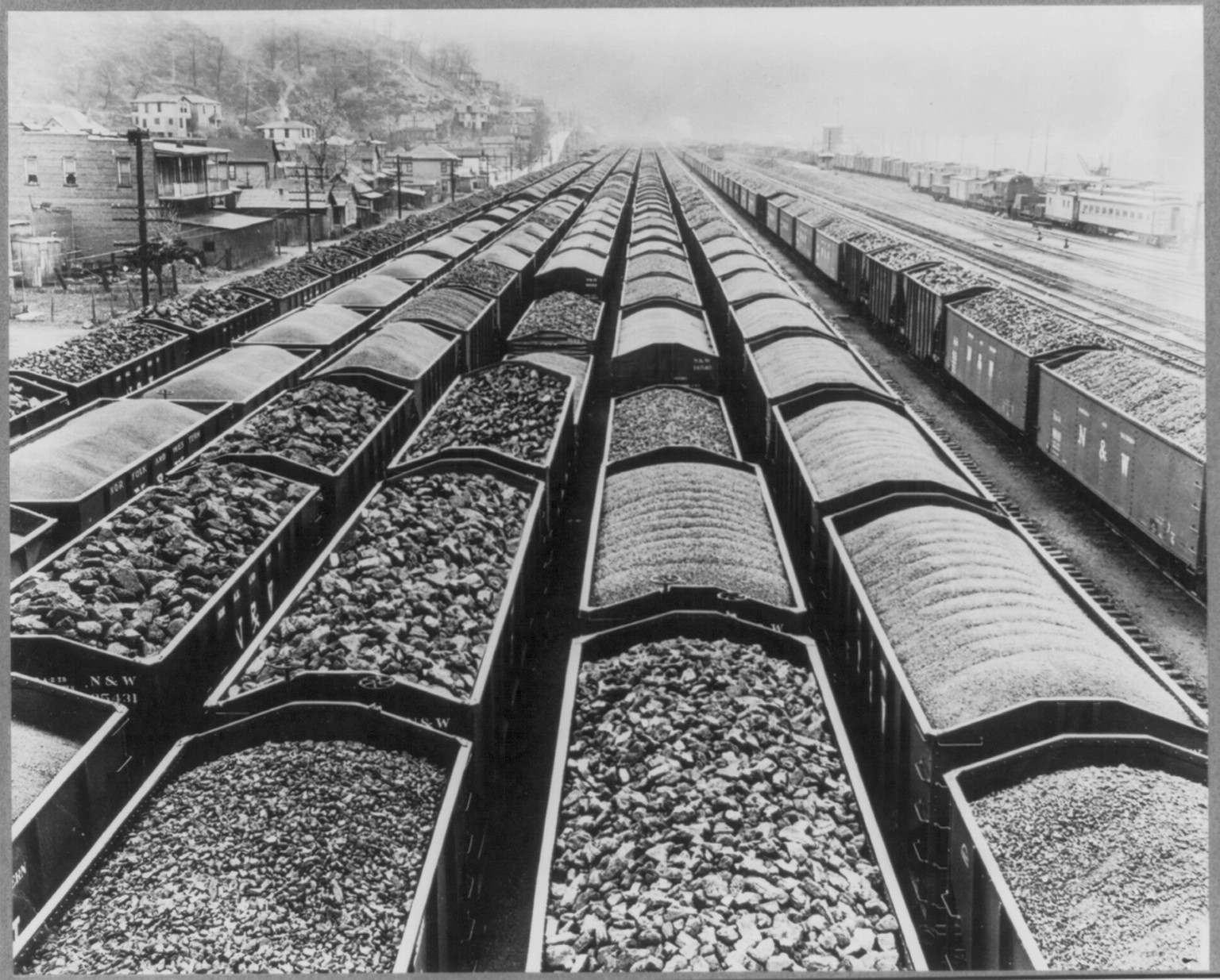 Williamson, W. Va. 1941(?). Loaded coal cars awaiting shipment, [1941?] — historic photograph