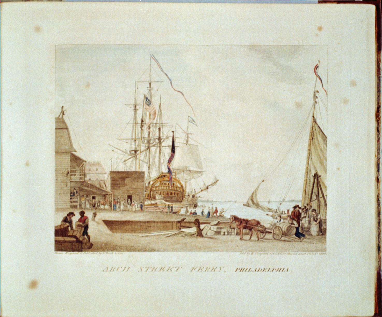 Arch Street Ferry, Philadelphia, 1800 — antique engraving