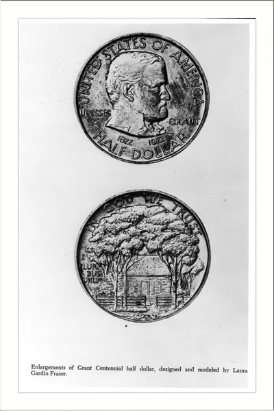 [Enlargement of Grant Centennial half dollar; one side-profile bust of Grant; obverse, the Grant log cabin - 1922]