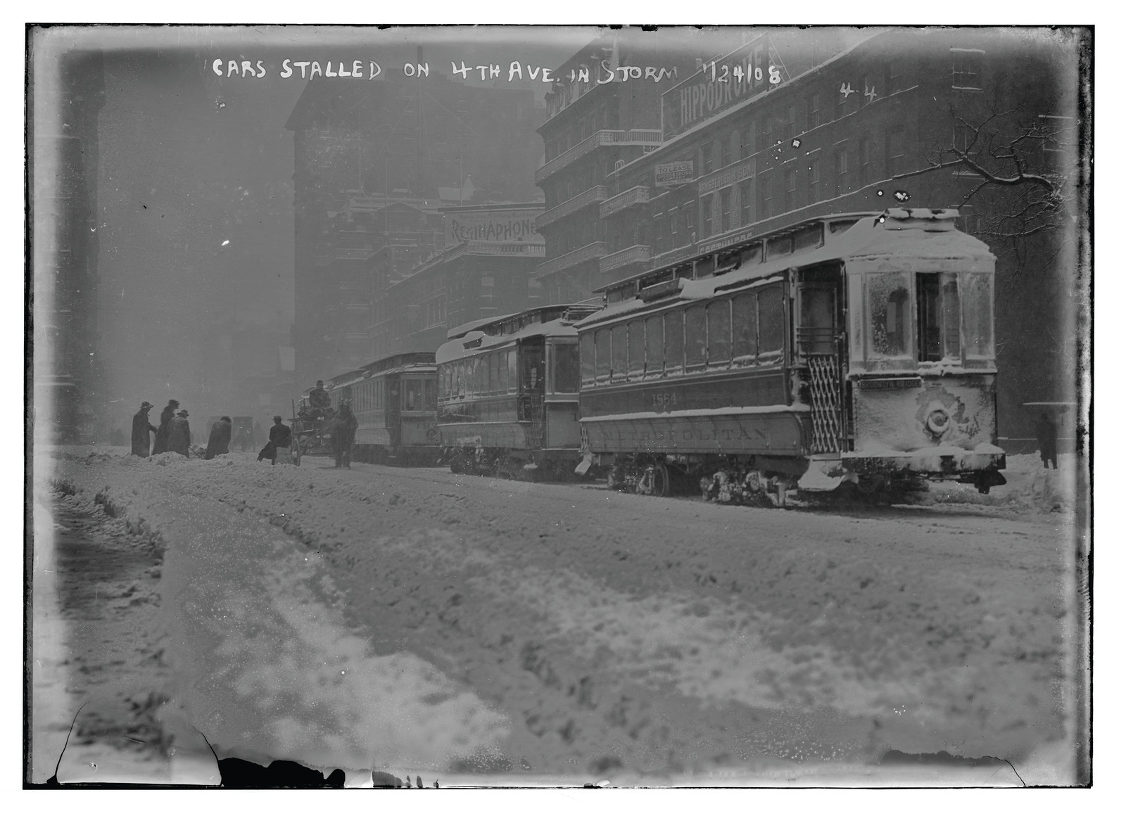 Train cars stalled on 4th Ave. in snow storm, New York, 1/24/08. — historic photograph
