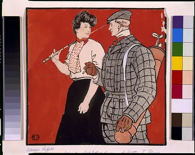 Woman with golf club beside man carrying golf bag