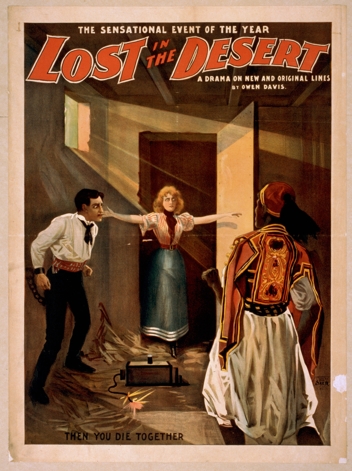 Lost in the desert the sensational event of the year : a drama on new and original lines : by Owen Davis., 1900 — vintage poster