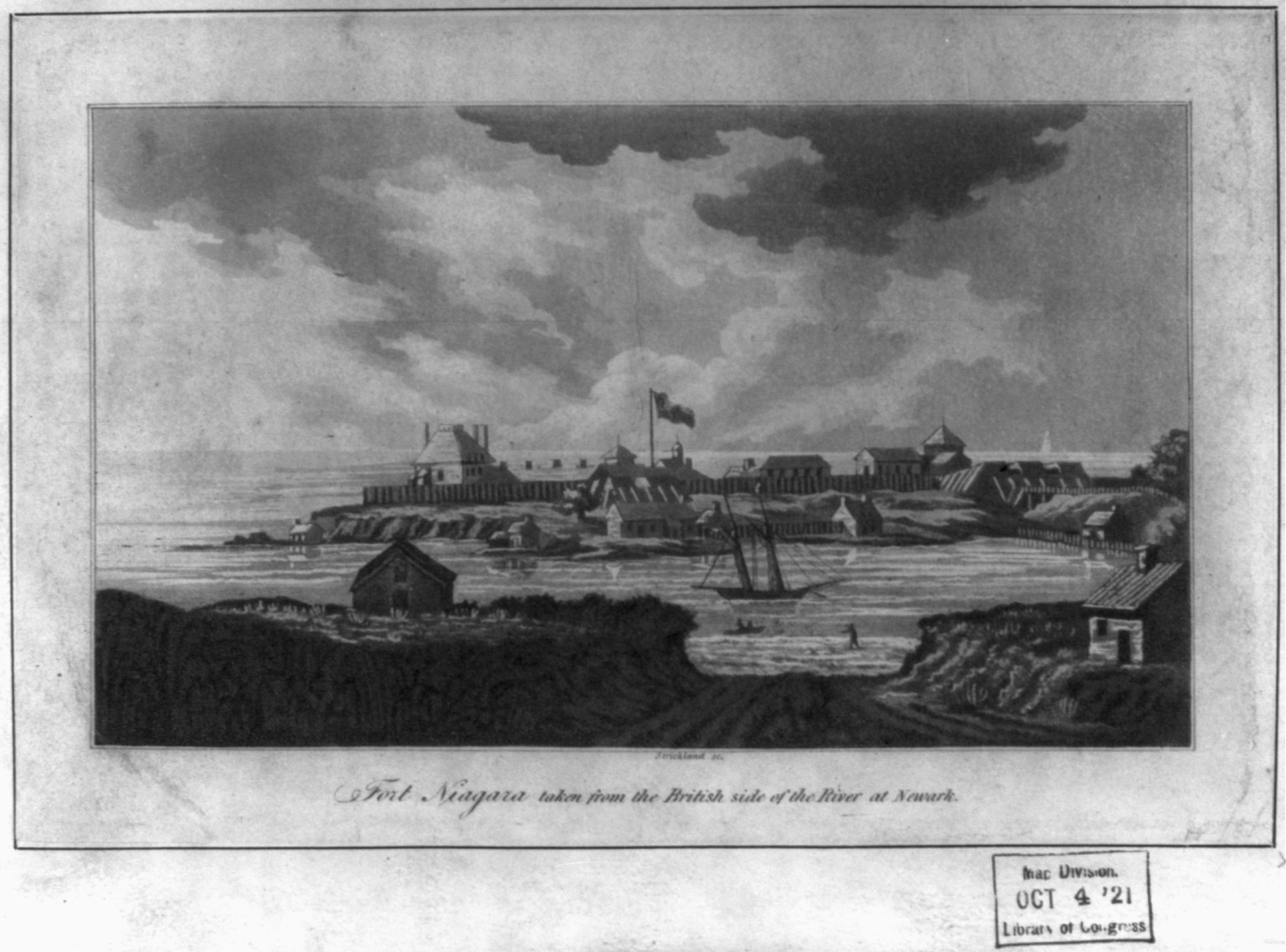 Fort Niagara taken from the British side of the river at Newark — antique engraving