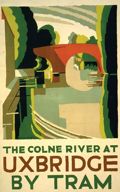 The Colne River at Uxbridge by tram / E. McKnight Kauffer '24.