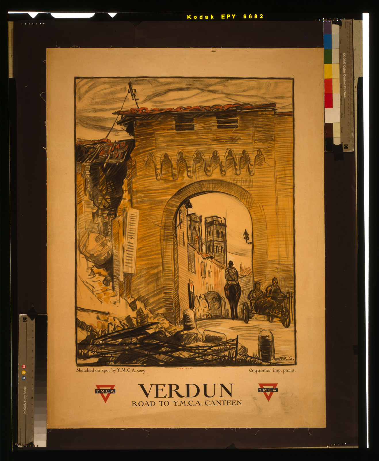 Verdun, road to Y.M.C.A. canteen / A.K.S. ; sketched on spot by Y.M.C.A. sec[retar]y ; Coquemer imp. Paris., [1917] — vintage poster