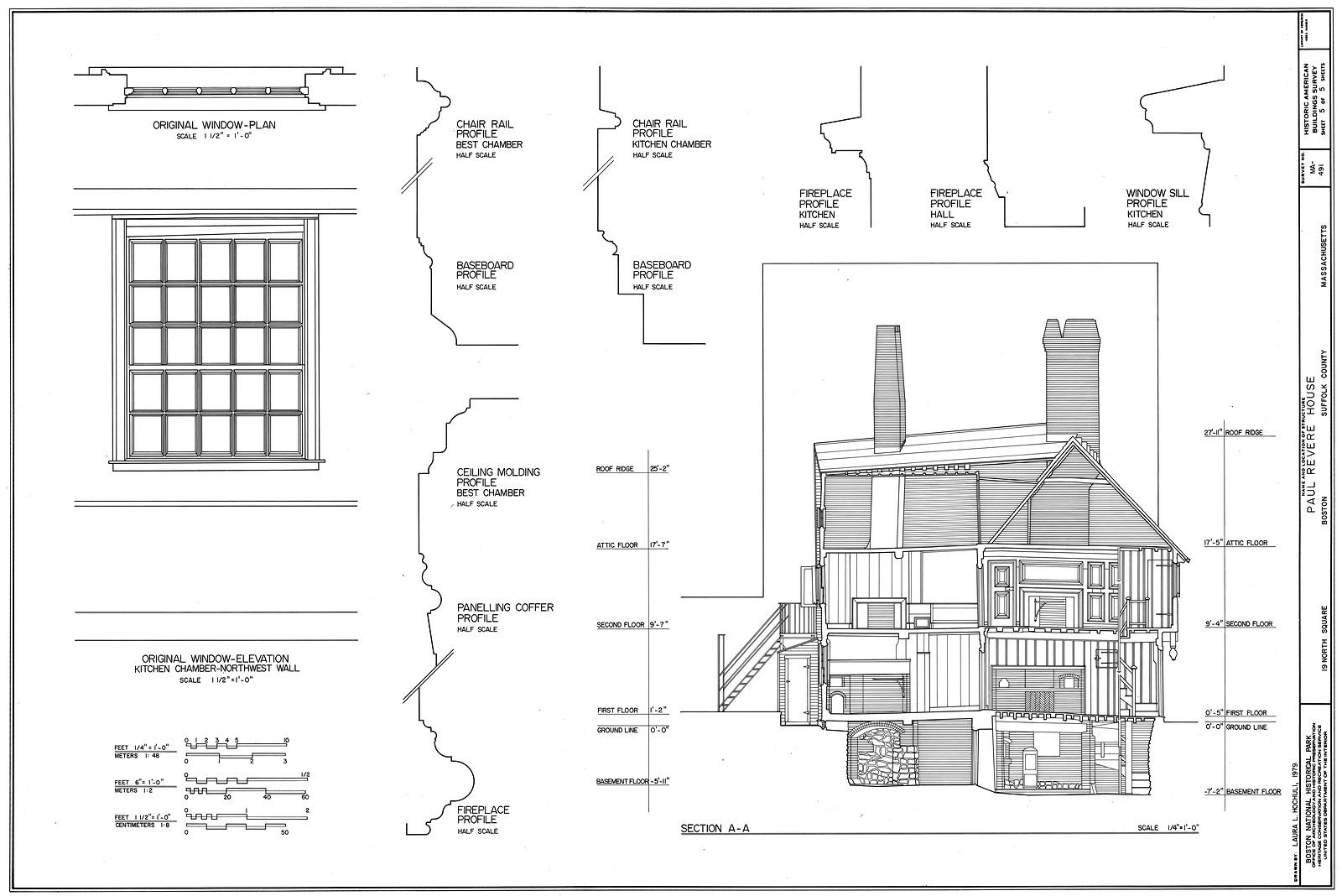 Paul Revere House: measured drawing with section and window profiles — historic drawing