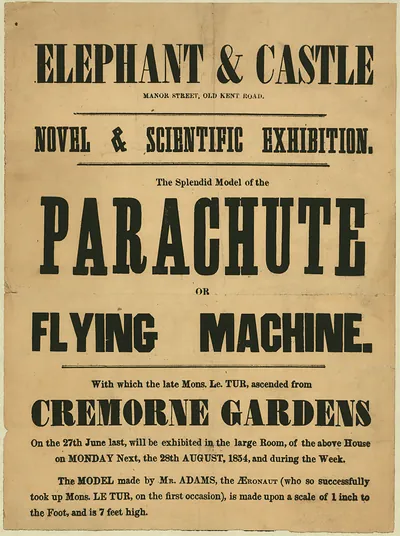 Elephant & Castle Novel & Scientific Exhibition: Parachute or Flying Machine handbill