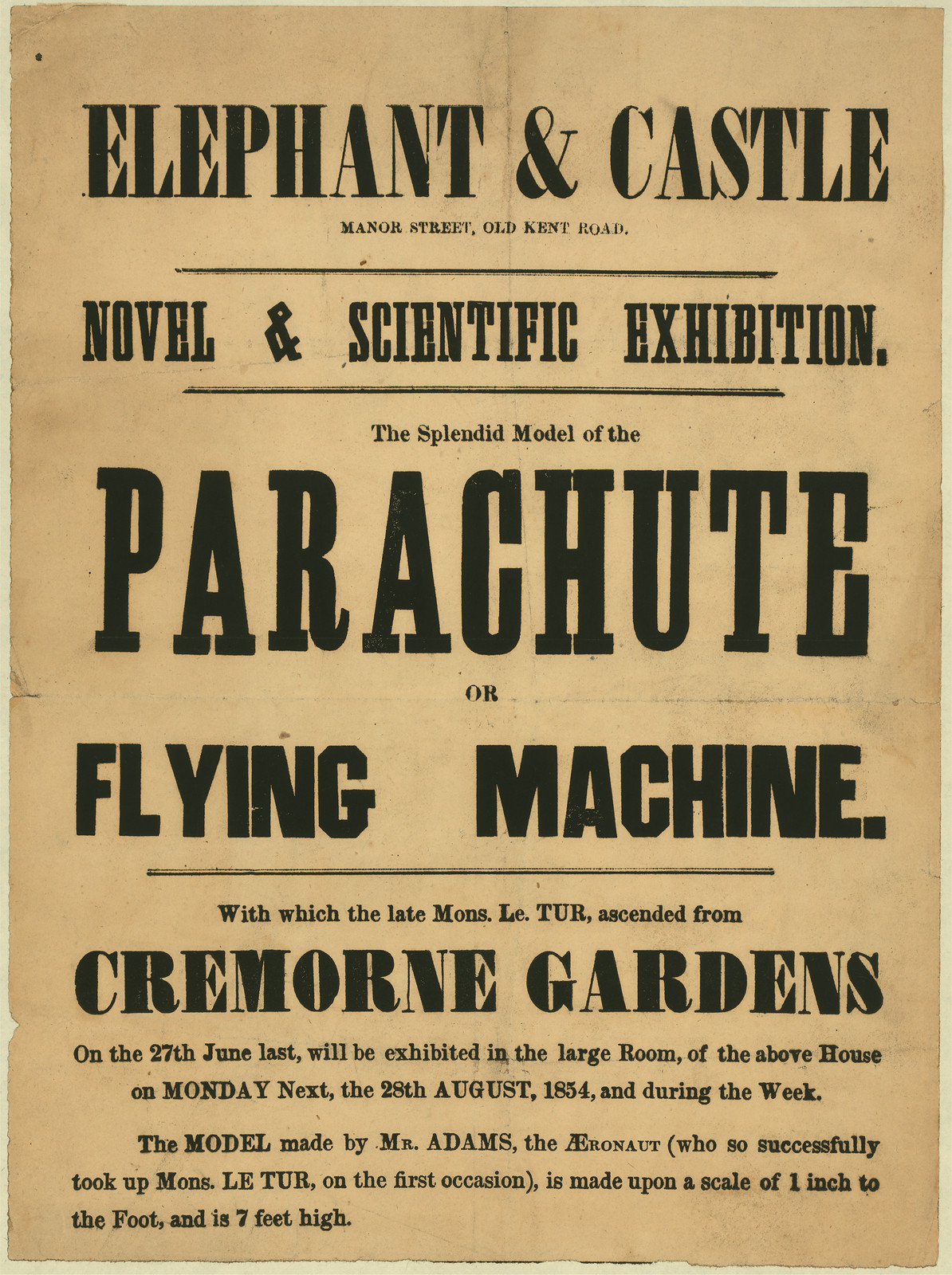 Elephant & Castle Novel & Scientific Exhibition: Parachute or Flying Machine handbill — historic image