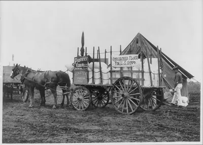 Fort Sam Houston, Tex., 1911-1912: horse-drawn commissary wagon of unbleached flour