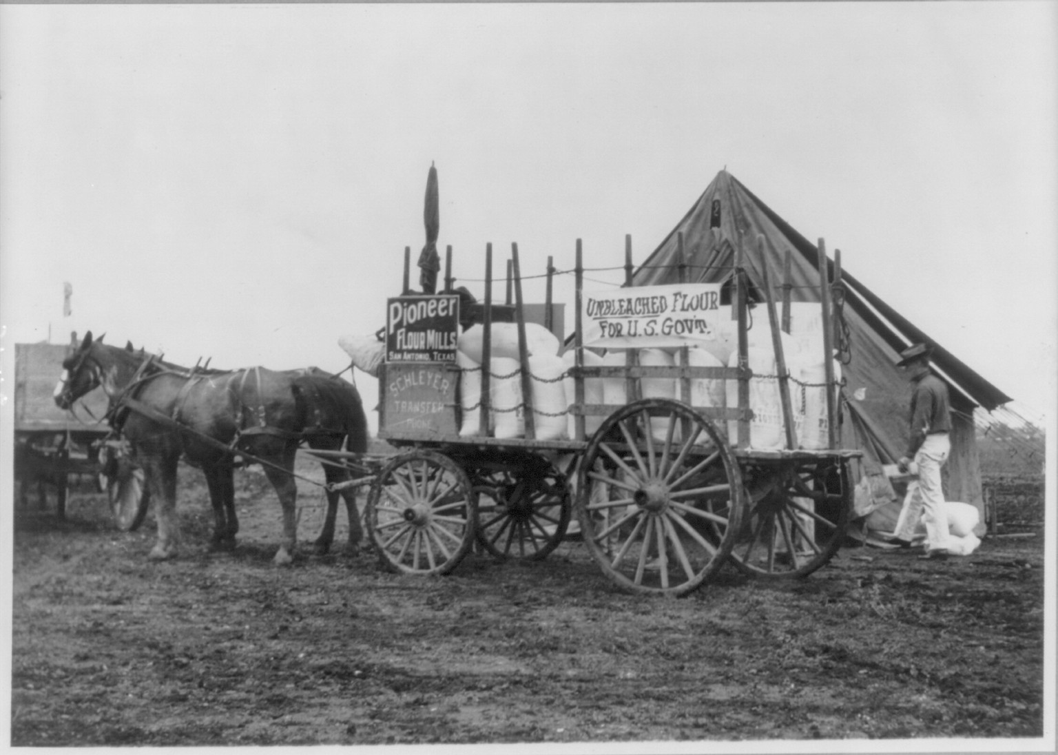 Fort Sam Houston, Tex., 1911-1912: horse-drawn commissary wagon of unbleached flour, [between 1911 and 1912] — historic photograph