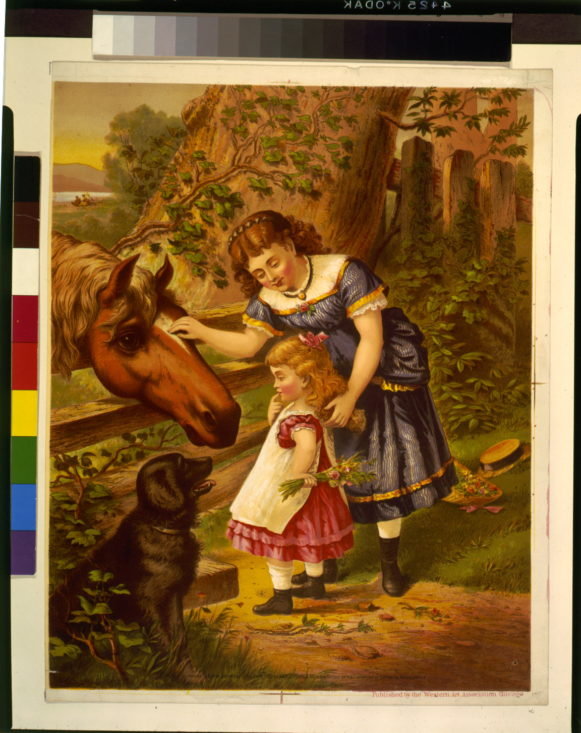 [Two young girls with horse and dog], Chicago : Published by the Western Art Association, c1873. — antique lithograph