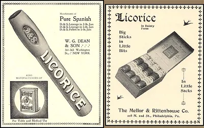 Two vintage advertisements for licorice sticks and licorice products