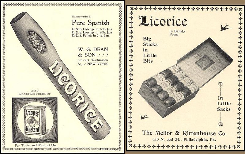 Two vintage advertisements for licorice sticks and licorice products — historic image