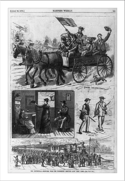 The Centennial [4 scenes]: 1. A wagon load from Jersey [group of people in horse-drawn wagon]; 2. On the farm, going to the centennial for a day [man and 2 women in farmhouse]; 3. Footing it [2 men walking]; 4. Arrival of train on the grounds