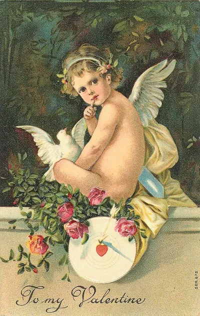 To my Valentine: cupid with dove and roses postcard