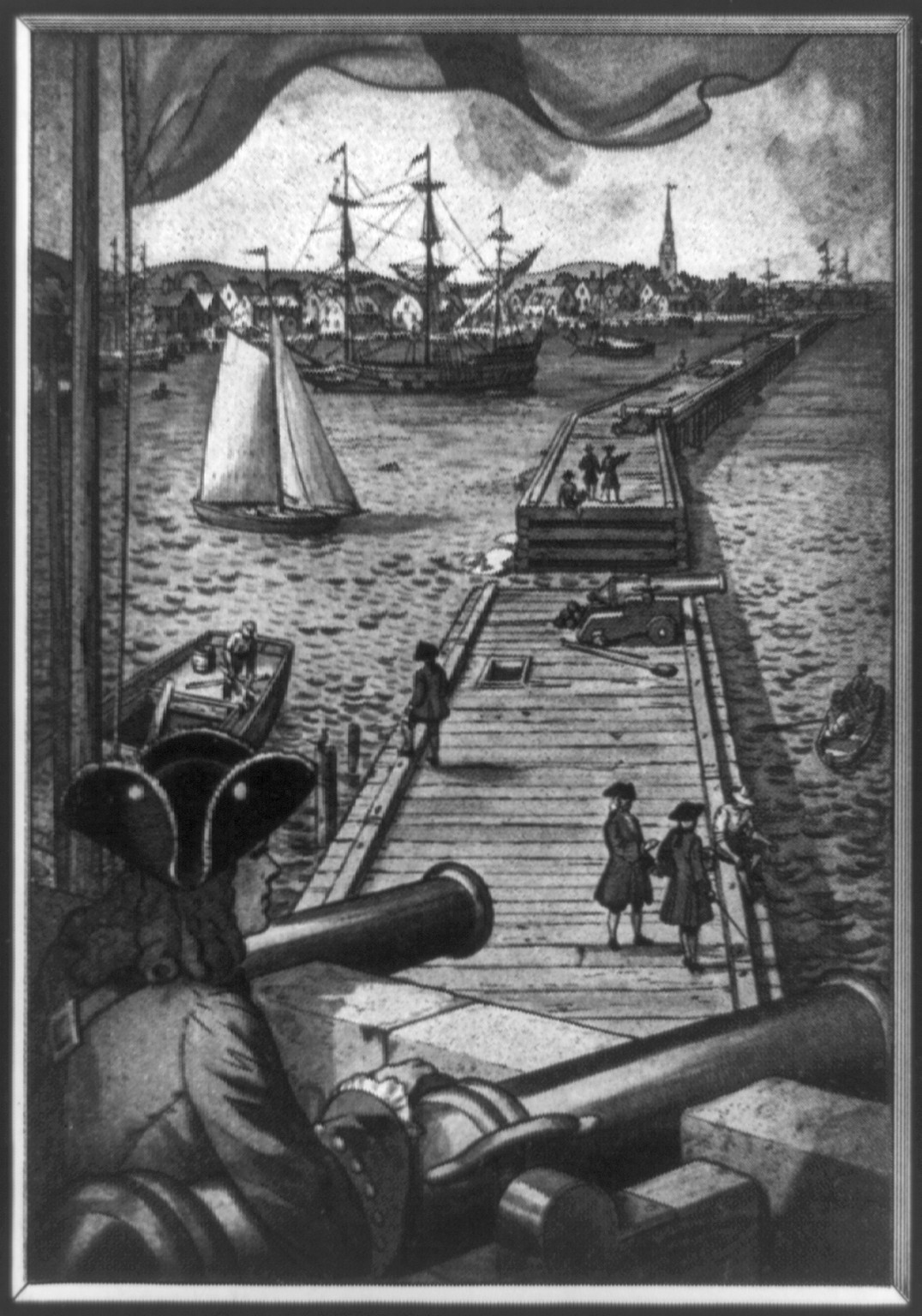 The First sea wall in Boston, completed about 1681, extended from the North to the South Battery to form a harbor defense ..., [1940] — historic print