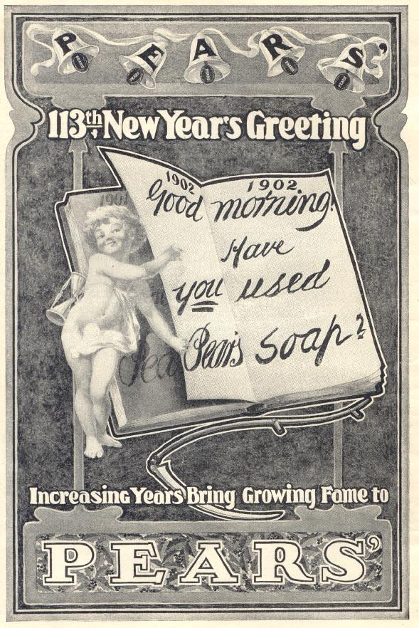 Pears soap 113th New Year's greeting advertisement, 1902 — historic image